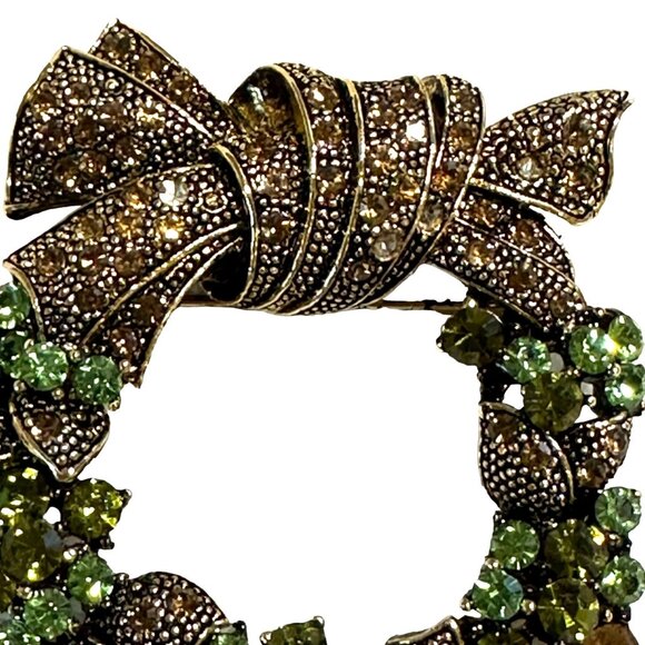 Wreath Brooch Pin With Green Rhinestones Bronze Bow Holiday Jewelry Lapel - Picture 6 of 16
